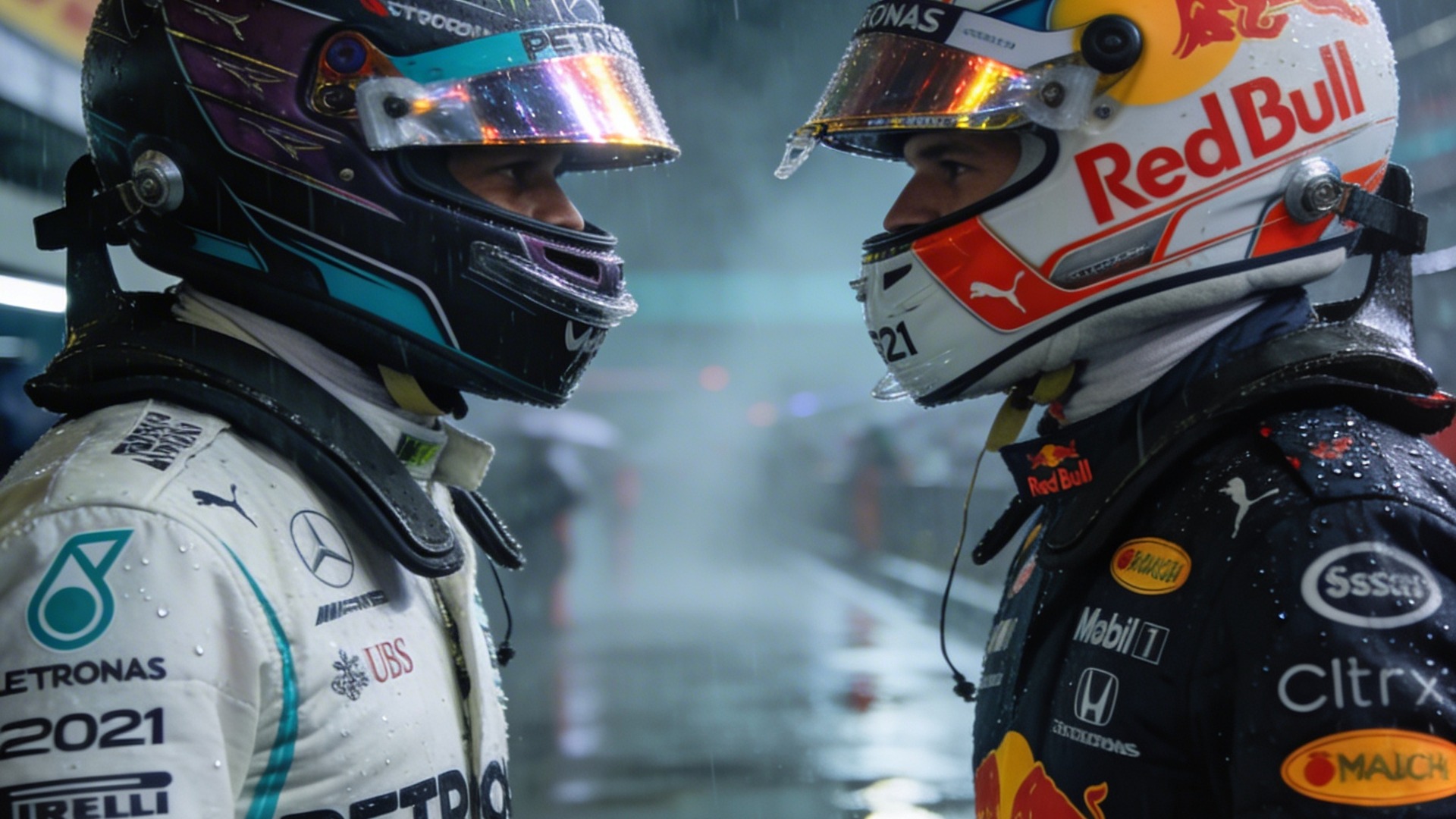 Hamilton and Verstappen rivalry-inspired paddock staredown visual