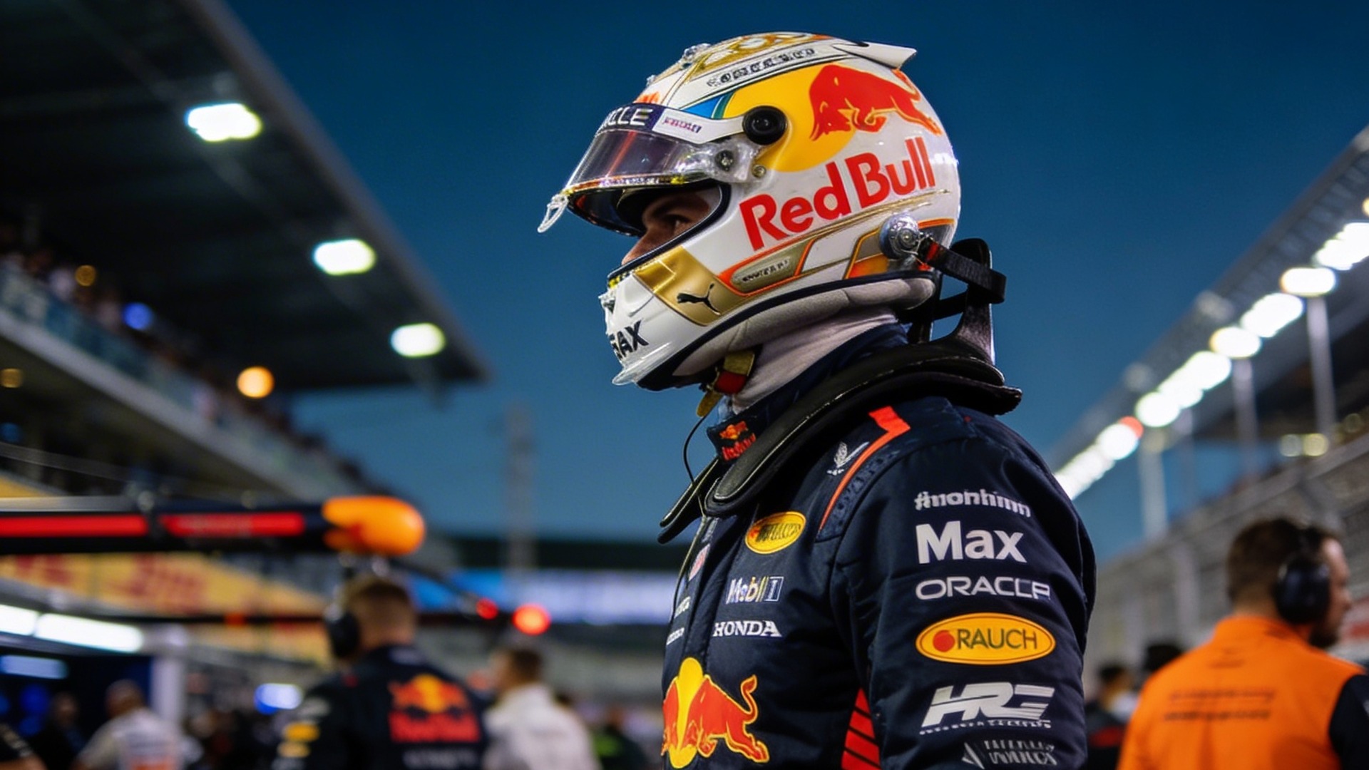 Helm-op zijaanzicht van F1-coureur bij de start