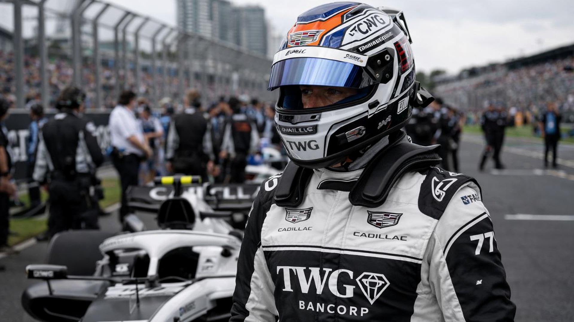 Valtteri Bottas in Cadillac race suit and helmet on the Albert Park grid
