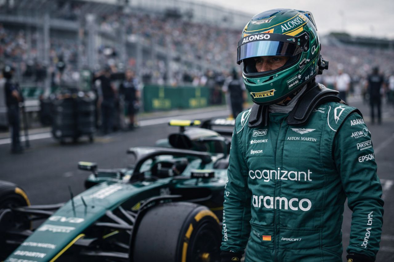 Fernando Alonso in Aston Martin race gear on the Formula 1 grid