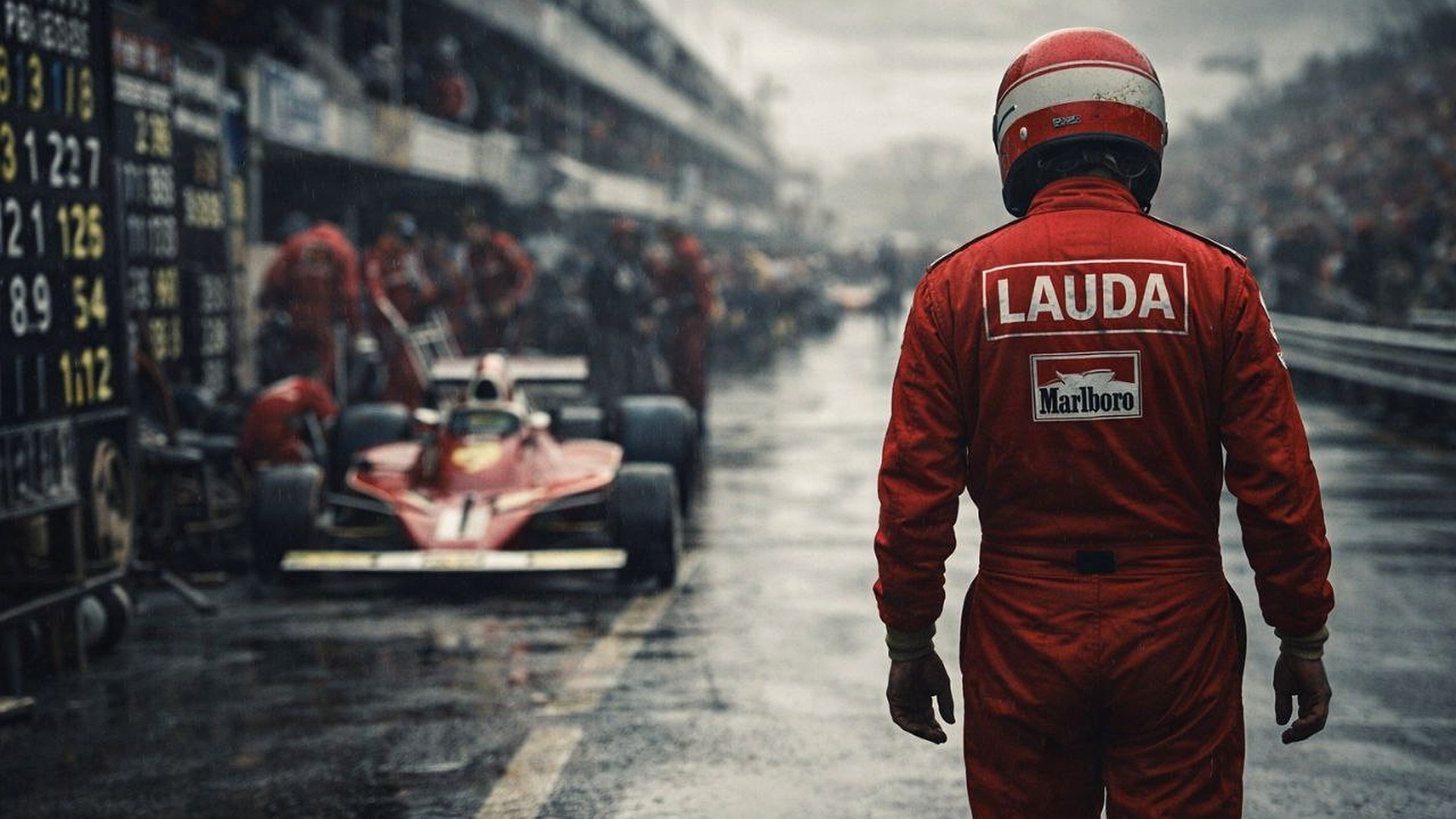 Classic F1 paddock rear-view scene in Niki Lauda era style